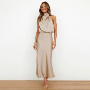 Women‘s Summer Satin Dress Sleeveless Mock Neck Formal Cocktail Party Wedding Guest Maxi Dresses