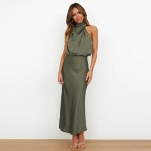 Women‘s Summer Satin Dress Sleeveless Mock Neck Formal Cocktail Party Wedding Guest Maxi Dresses Army Green